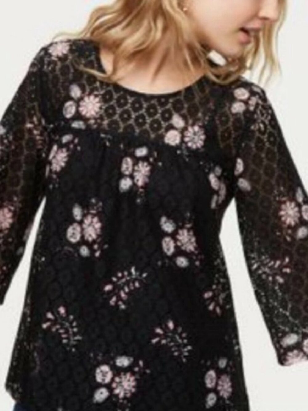 Loft Sheer Peasant Black Lace Top With Pink Flowers Flared 3/4 Sleeves Sz Large